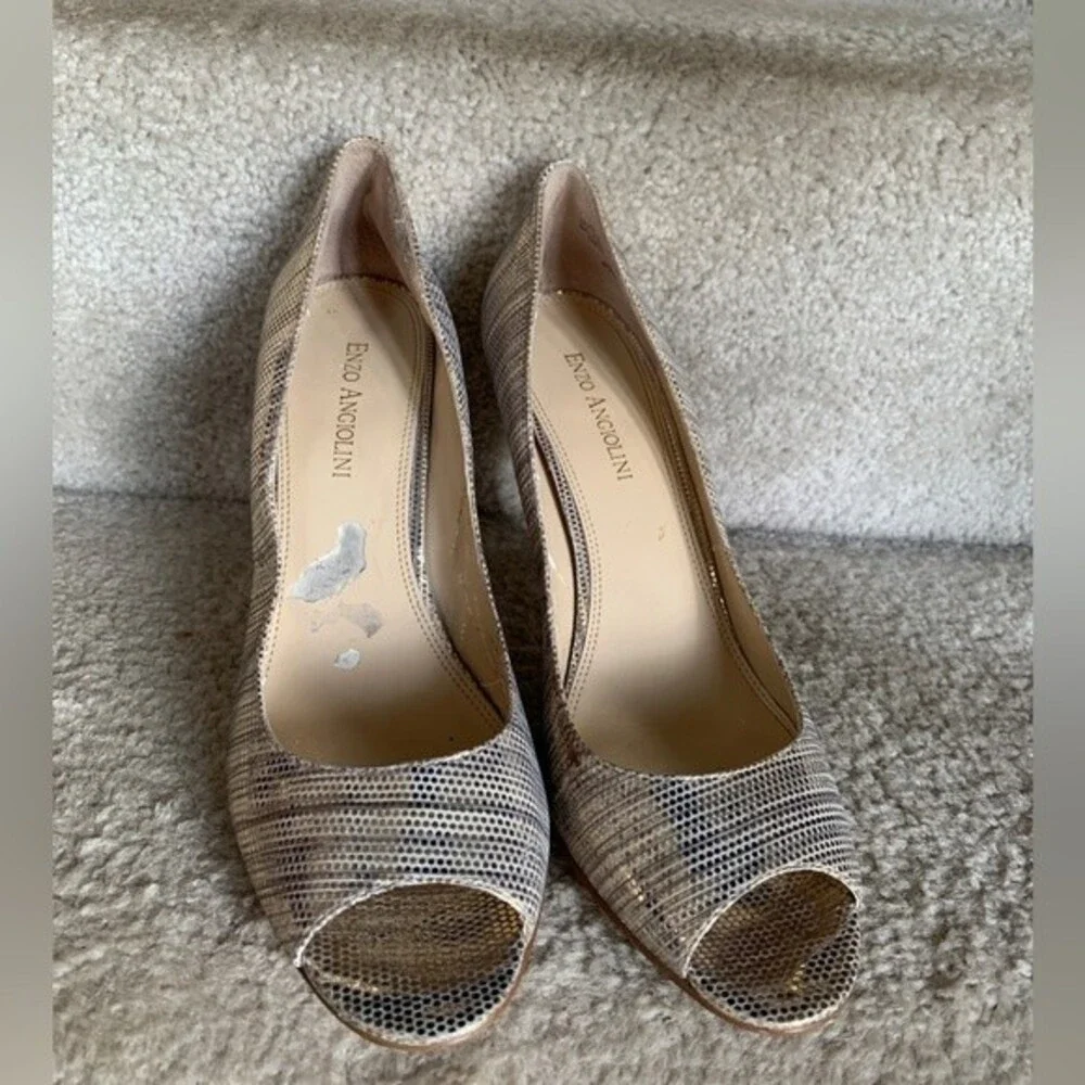 Enzo Angiolini Women's Iridescent Light Gold Peep Toe Platform Heels Size 8.5N